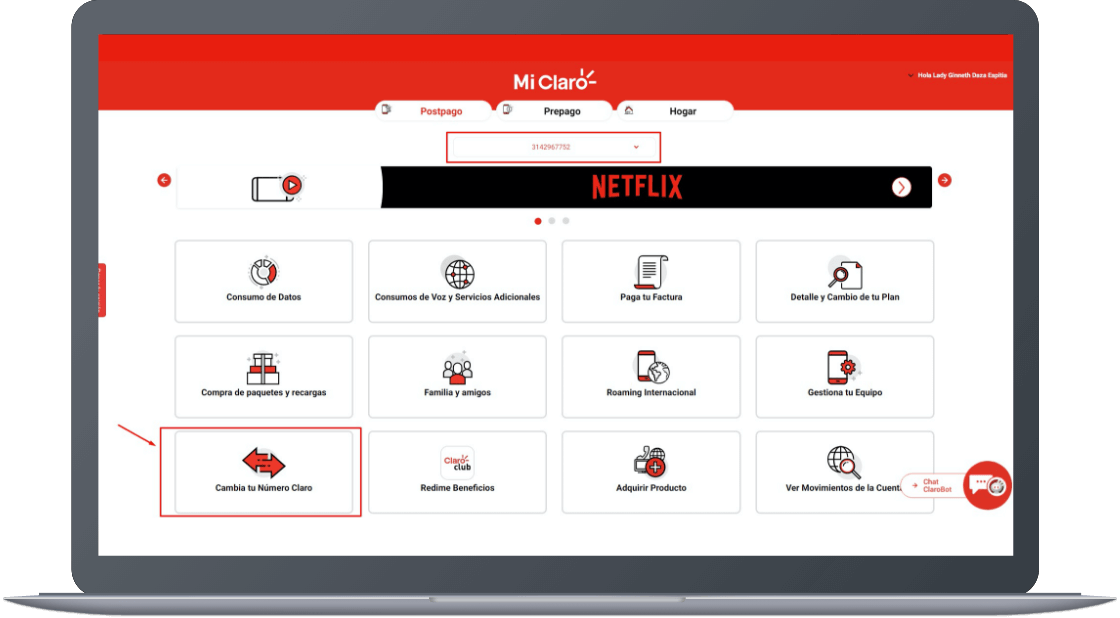 Paso 2 - Cambio de número en Mi Claro web 