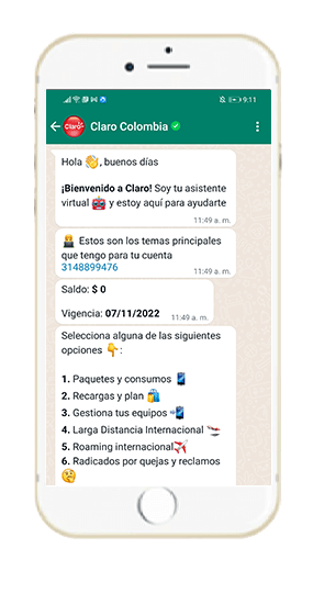 Paso 2 - Compra Paquetes Roaming Internacional con el WhatsApp Claro 