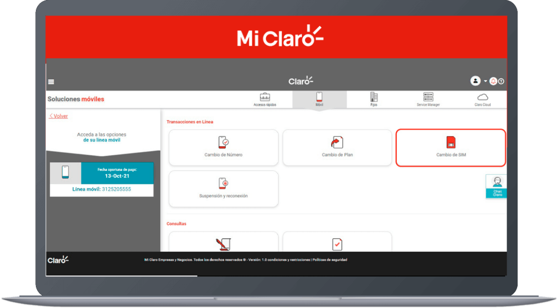 Paso 5 - Cambio de sim card para empresas Mi Claro web 