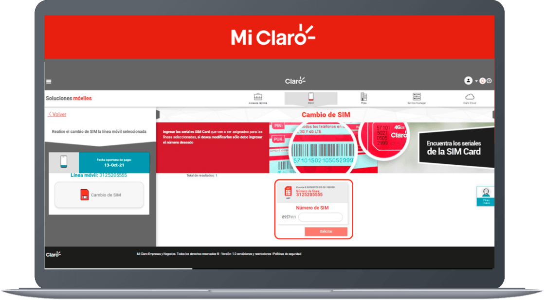 Paso 6 - Cambio de sim card para empresas Mi Claro web 