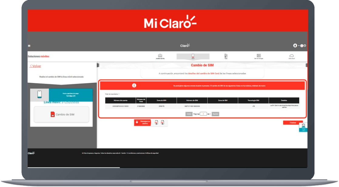Paso 8 - Cambio de sim card para empresas Mi Claro web