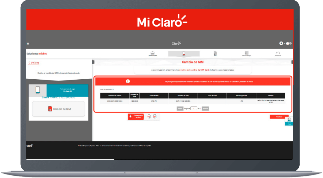 Paso 8 - Cambio de sim card para empresas Mi Claro web 