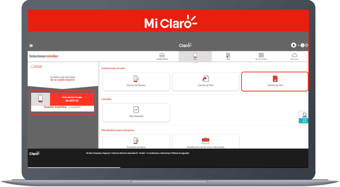 Paso 10 - Cambio de sim card para empresas Mi Claro web 