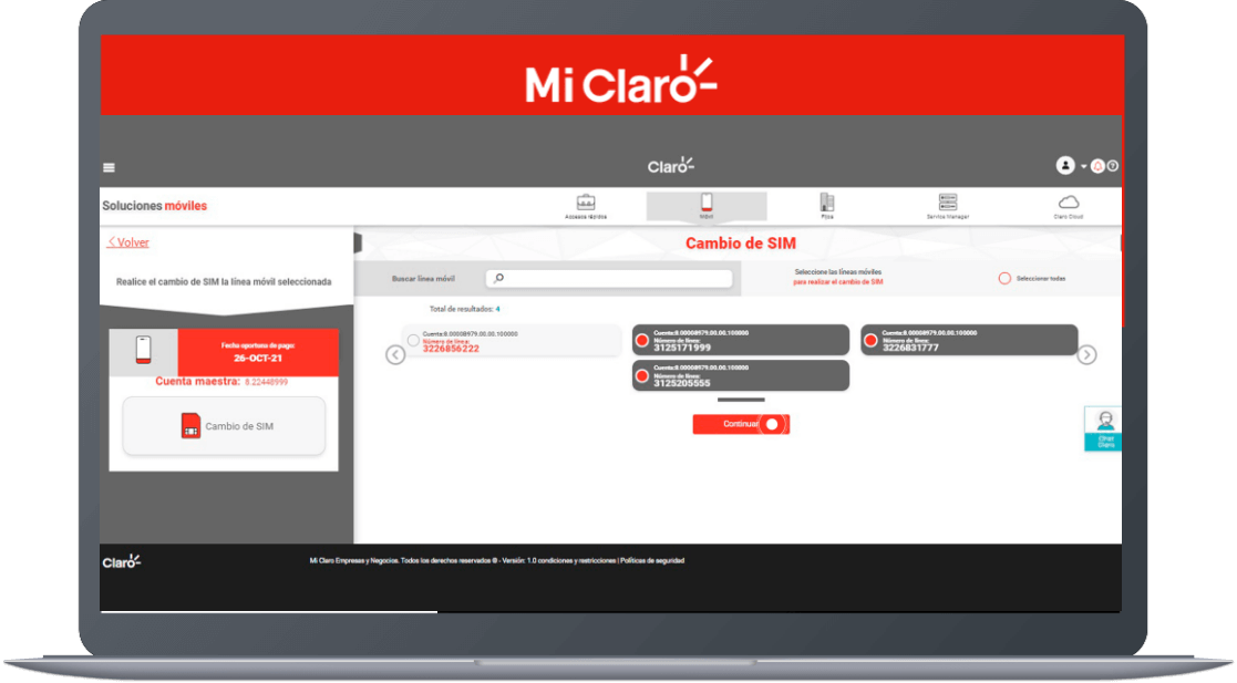 Paso 11 - Cambio de sim card para empresas Mi Claro web 