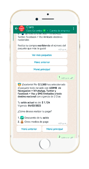 Paso 5 – Paquetes y recargas WhatsApp Claro 