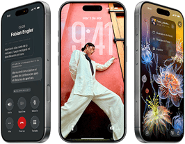 Tres modelos de iPhone 17 Pro, parte frontal, lado a lado, mostrando iOS 26, efecto de Liquid Glass y funcionalidad de Apple Intelligence