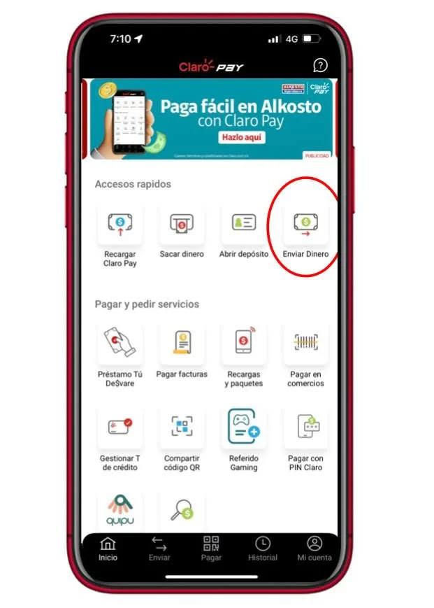 paso uno selecciona enviar dinero transferencia claro pay