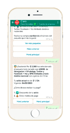 Paso 5 – Paquetes y recargas WhatsApp Claro